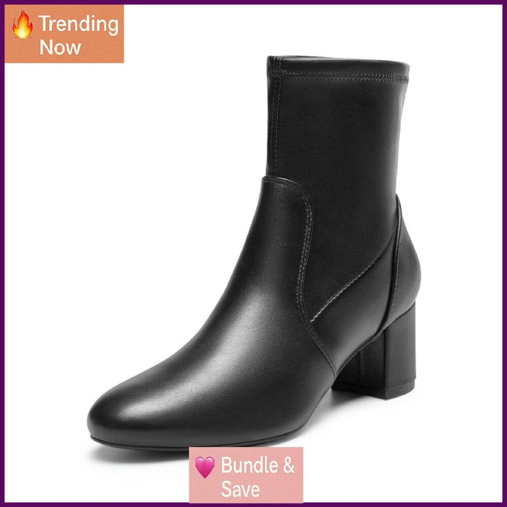 Women's Fitted Stretch Ankle Boots Chunky Heel Almond Toe Booties Shoes